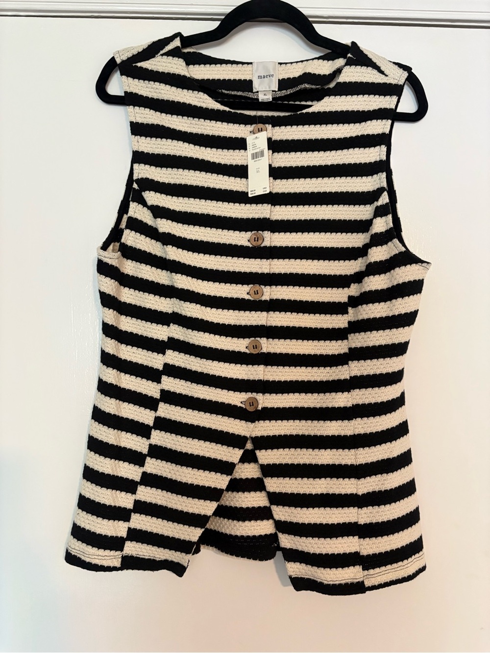 Maeve Black & Cream Striped Knit Button-Front Sleeveless Dress